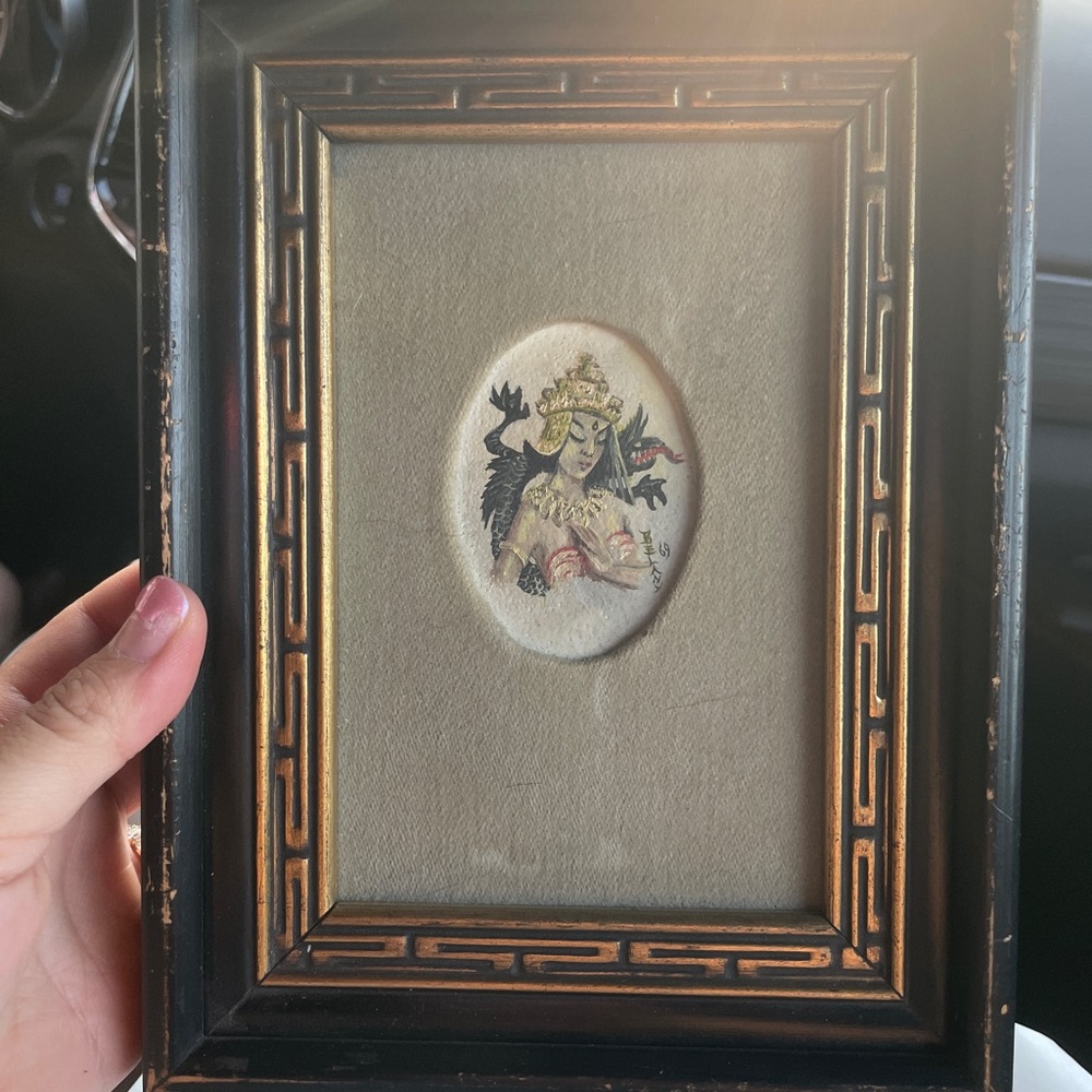 Vintage Asian Goddess Black and Gold Framed Art Piece